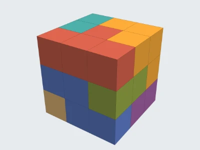 Le cube Soma monté : sept pièces de bois qui forment un cube, vu en 3D.