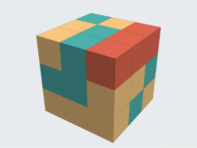 Le cube serpent formé : un cube de 27 petits cubes, vu en 3D.