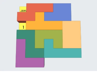 Le puzzle calendrier monté : les pièces posées sur le plateau, vu en 3D.